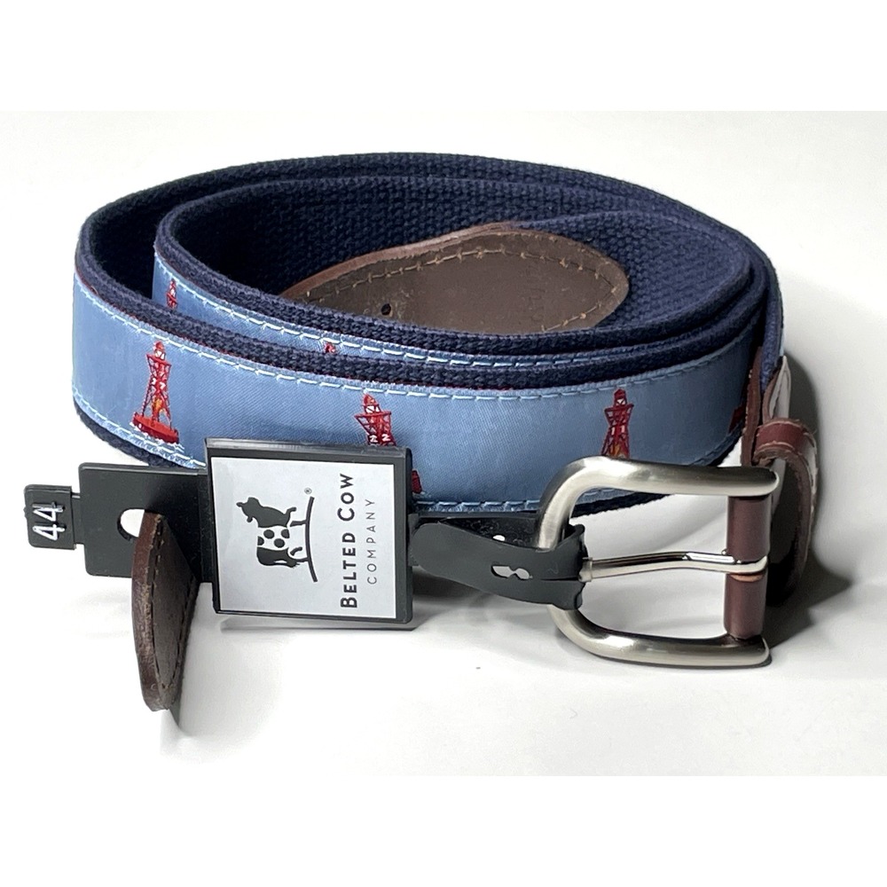 Belted Cow Co Leather Trim Belt 44/110 Maine USA Made Embroidered Blue Buoy NWT